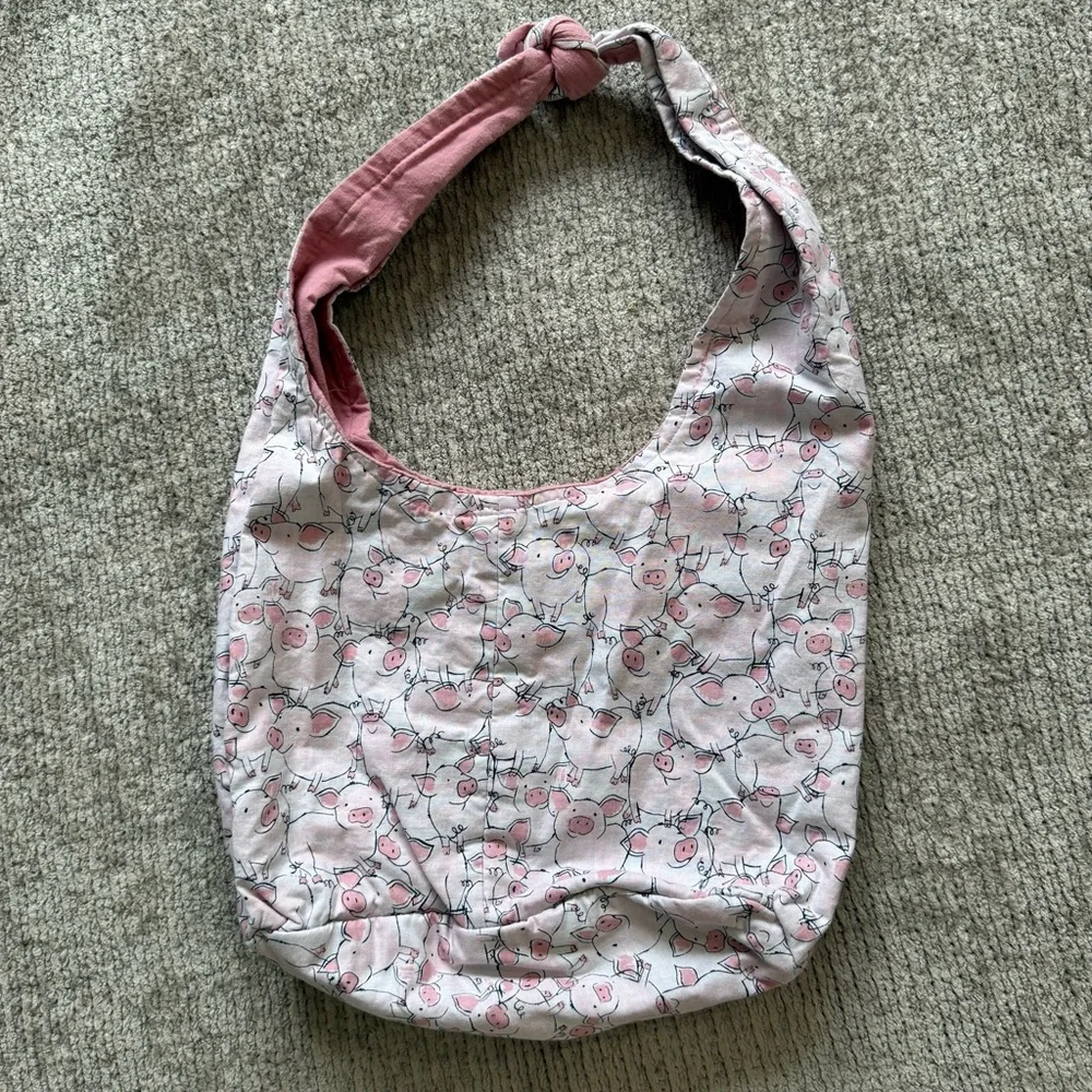 Handmade Pig Print Hobo Bag Pink Cotton Shoulder Bag Cottagecore‎